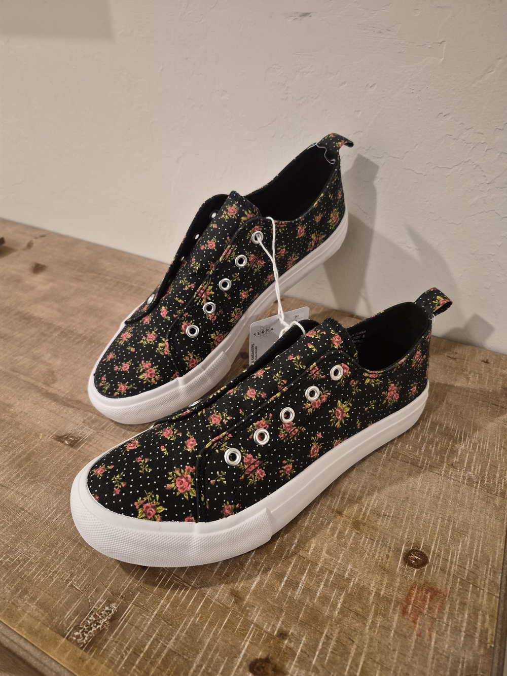 Serra Black Floral Slip-On Sneakers with Pink Accents